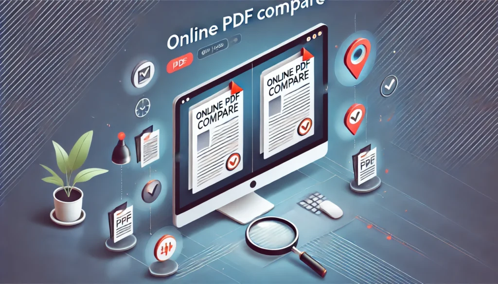 A digital illustration representing 'Online PDF Compare.' The image features a split-screen computer interface displaying two PDF documents side by side, highlighting differences with color-coded markers. A magnifying glass icon hovers over the text, emphasizing comparison. Floating icons around the screen represent PDF-related tools, such as a file icon, a checkmark, and a sync symbol. The background has a sleek, modern tech-inspired design with soft gradients. The text 'Online PDF Compare' is prominently displayed at the top in bold, clear font. Created using: clean vector style, modern UI design, soft gradients, document analysis theme, isometric elements, minimalistic background, professional composition, HD quality, natural look --ar 16:9.