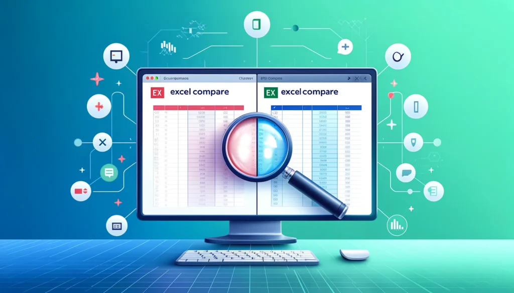 A digital illustration representing 'Online Excel Compare.' The image features a split-screen computer interface displaying two Excel spreadsheets side by side, with highlighted differences in color-coded cells. A magnifying glass icon hovers over the spreadsheet, emphasizing comparison. Floating icons around the screen represent Excel-related tools, such as a table icon, a checkmark, and a sync symbol. The background has a sleek, modern tech-inspired design with soft gradients. The text 'Online Excel Compare' is prominently displayed at the top in bold, clear font. Created using: clean vector style, modern UI design, soft gradients, spreadsheet analysis theme, isometric elements, minimalistic background, professional composition, HD quality, natural look --ar 16:9.