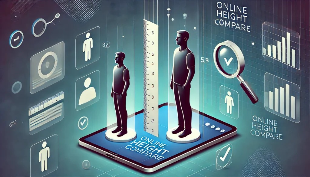 A digital illustration representing 'Online Height Compare.' The image features two human silhouettes of different heights standing side by side, with a vertical measurement scale between them. A magnifying glass icon hovers over the scale, emphasizing the comparison. Floating icons around the screen represent measurement tools, such as a ruler, a height chart, and a checkmark. The background has a sleek, modern tech-inspired design with soft gradients. The text 'Online Height Compare' is prominently displayed at the top in bold, clear font. Created using: clean vector style, modern UI design, soft gradients, measurement analysis theme, isometric elements, minimalistic background, professional composition, HD quality, natural look --ar 16:9.