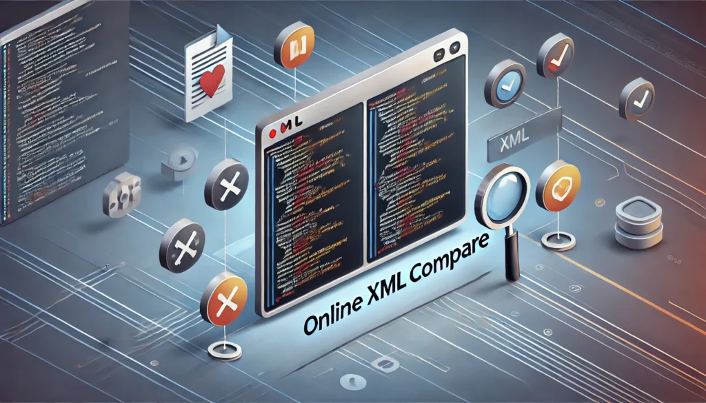 A digital illustration representing 'Online XML Compare.' The image features a split-screen computer interface displaying two XML code files side by side, with highlighted differences marked in color-coded text. A magnifying glass icon hovers over the code, emphasizing the comparison. Floating icons around the screen represent XML-related tools, such as a code symbol, a checkmark, and a sync button. The background has a sleek, modern tech-inspired design with soft gradients. The text 'Online XML Compare' is prominently displayed at the top in bold, clear font. Created using: clean vector style, modern UI design, soft gradients, code analysis theme, isometric elements, minimalistic background, professional composition, HD quality, natural look --ar 16:9.